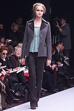 gray tailored jacket teal top black pants