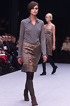 gray silk shirt with gold pencil skirt