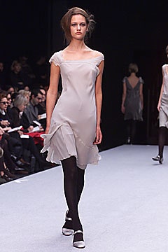 fitted gray silk off-shoulder dress