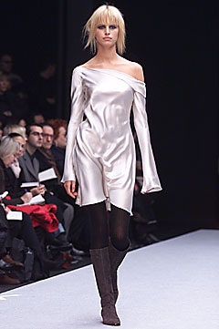 white silk long-sleeve off-shoulder fitted draped flowing dress