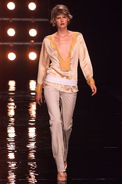 beige silk long-sleeve v-neck fitted embroidered blouse