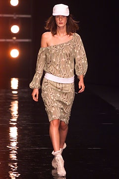 beige cotton off-shoulder short-sleeve fitted ruched printed dress