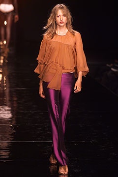 orange chiffon long-sleeve collared relaxed pleated flowing blouse