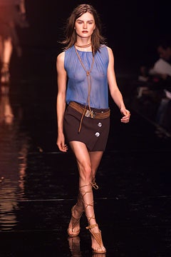 blue silk sleeveless high-neck fitted pleated sheer top