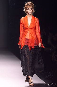 red silk long-sleeve v-neck relaxed draped sheer top
