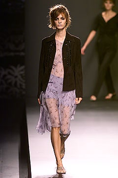black suede fitted jacket and purple silk dress