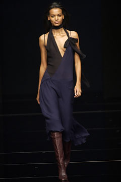 blue silk fitted dress with brown boots