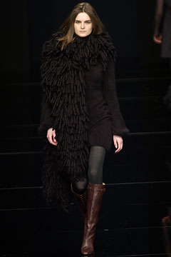 black wool dress with faux-fur scarf