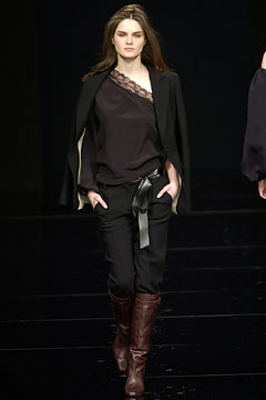 black silk blouse with tailored pants