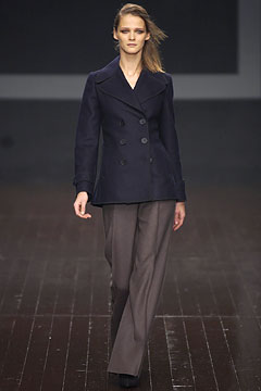 navy tailored jacket and gray pants