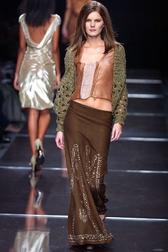 beige silk cropped top with brown skirt