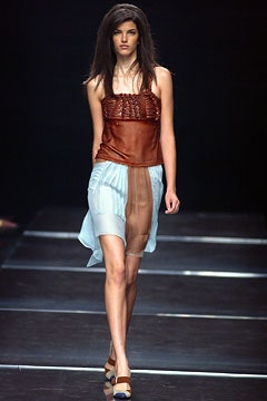 brown silk fitted top with blue skirt