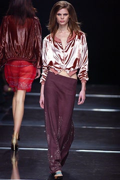 pink silk relaxed top with brown pencil skirt