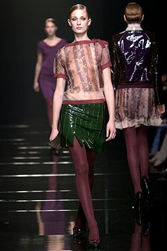 pink lace top with green vinyl skirt