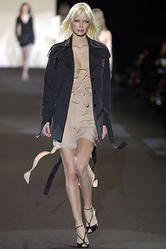 black coat and beige dress