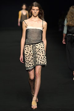 sheer black silk top with embroidered mini skirt