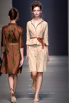 brown silk long-sleeve collared fitted flared midi dress