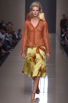 orange silk long-sleeve collared fitted printed shirt