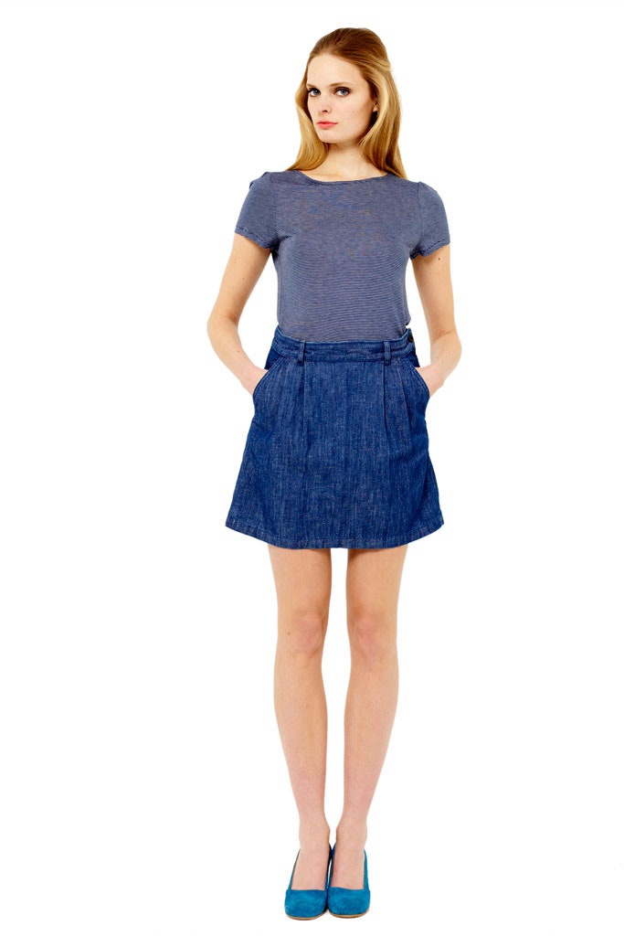 gray fitted top with blue skirt