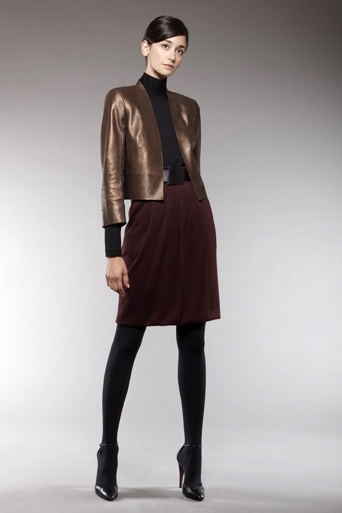 brown leather fitted jacket with black turtleneck