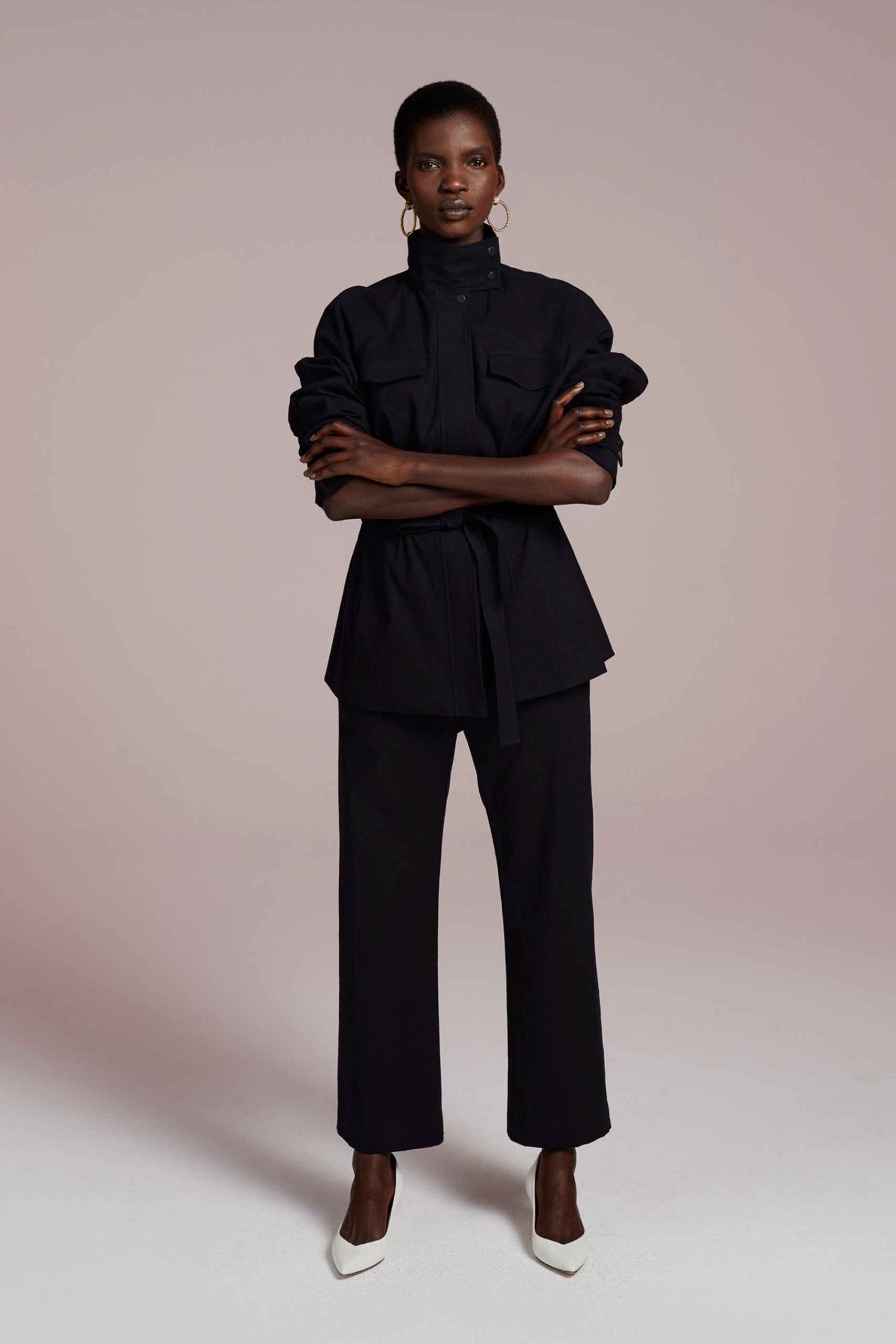 black cotton tailored straight-leg pants