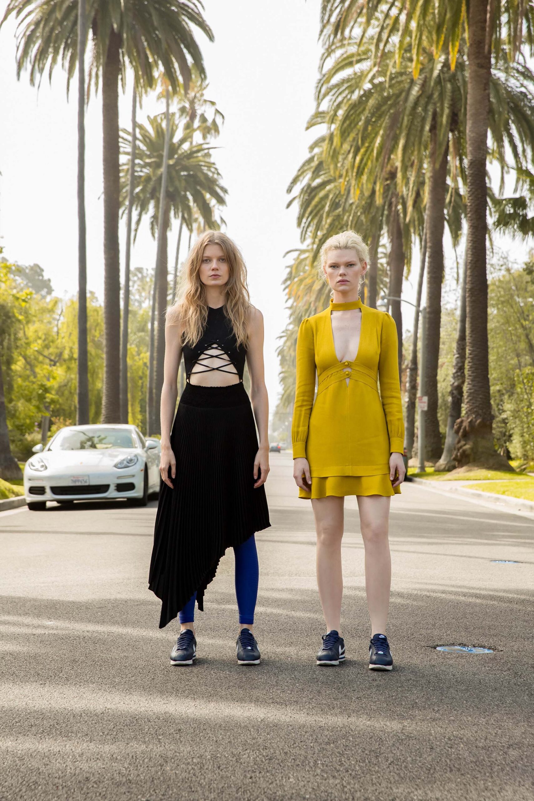 black top with asymmetric skirt and yellow dress