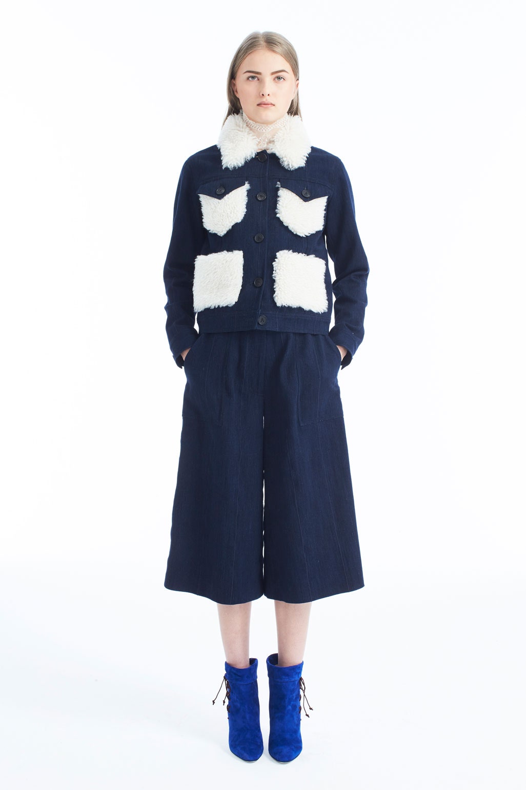 blue denim jacket with faux-fur