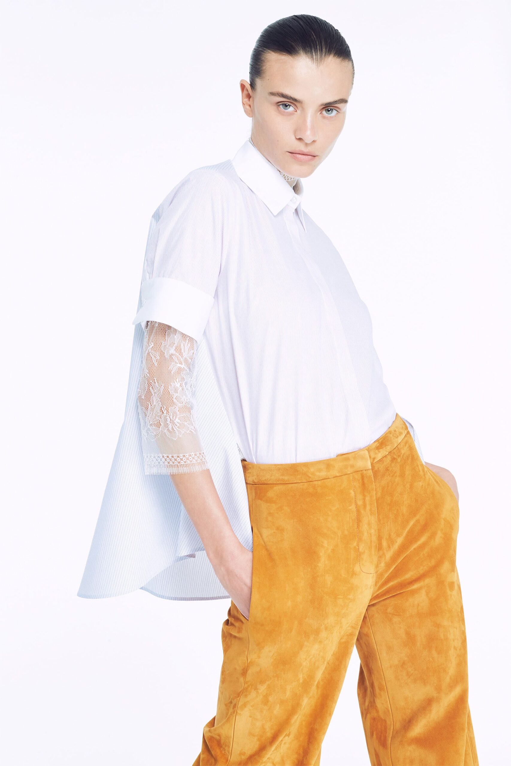 white cotton long-sleeve collared relaxed layered shirt