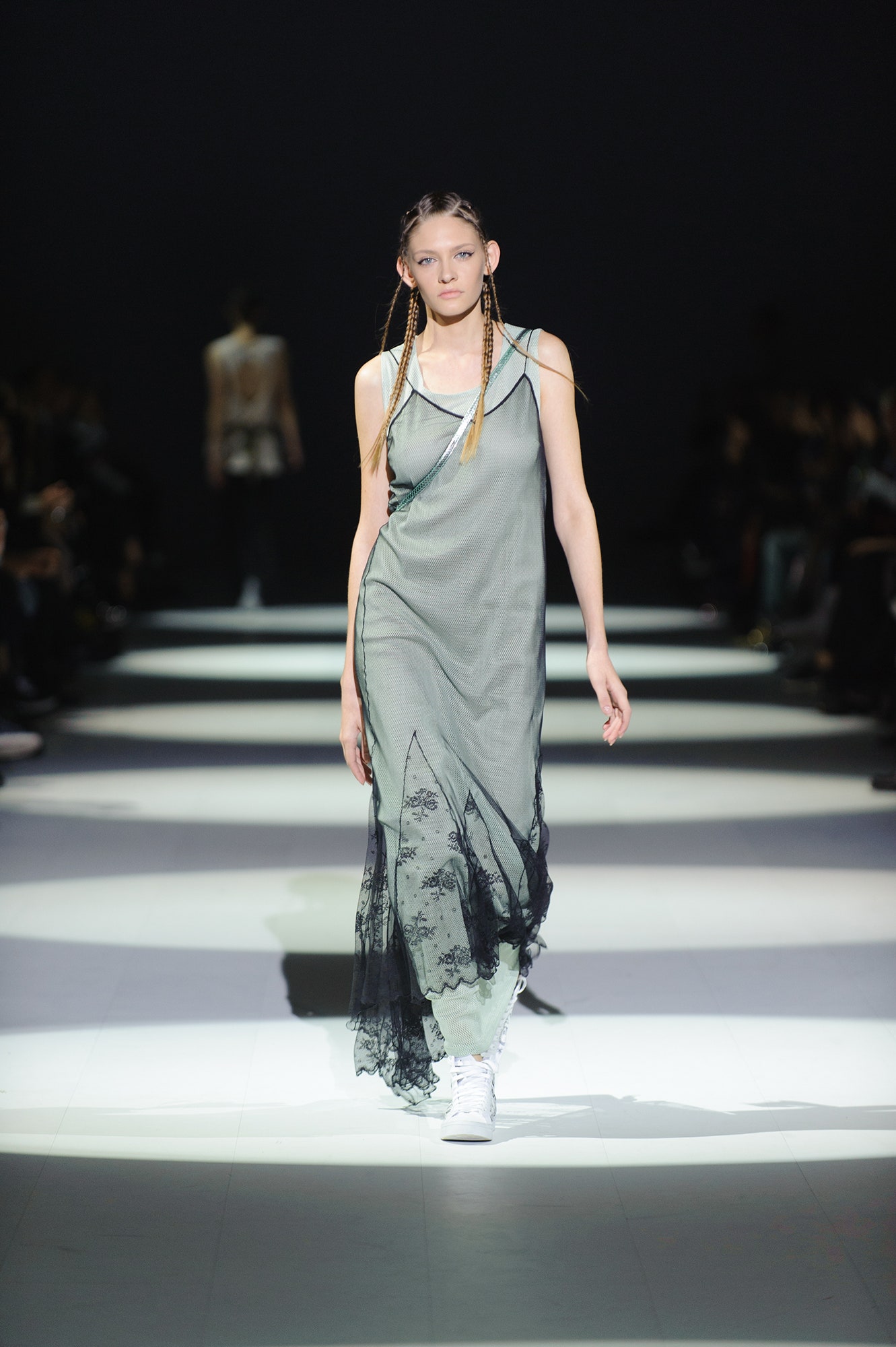 gray silk sleeveless v-neck fitted layered draped dress