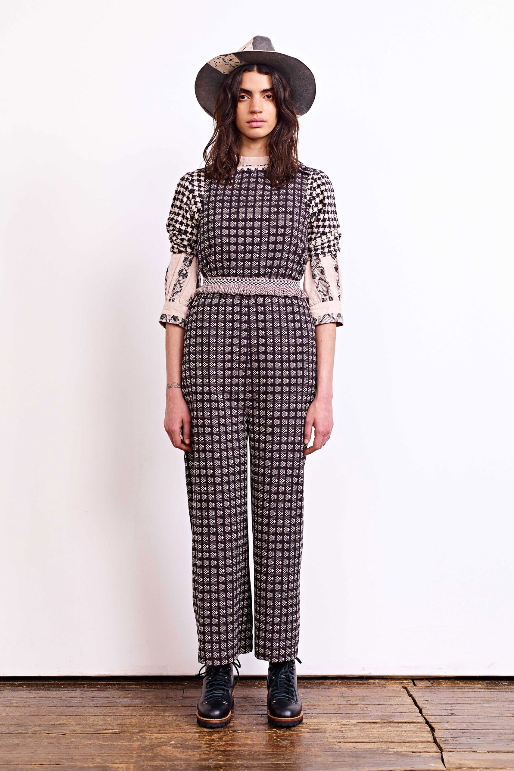 black and white checked jumpsuit with hat