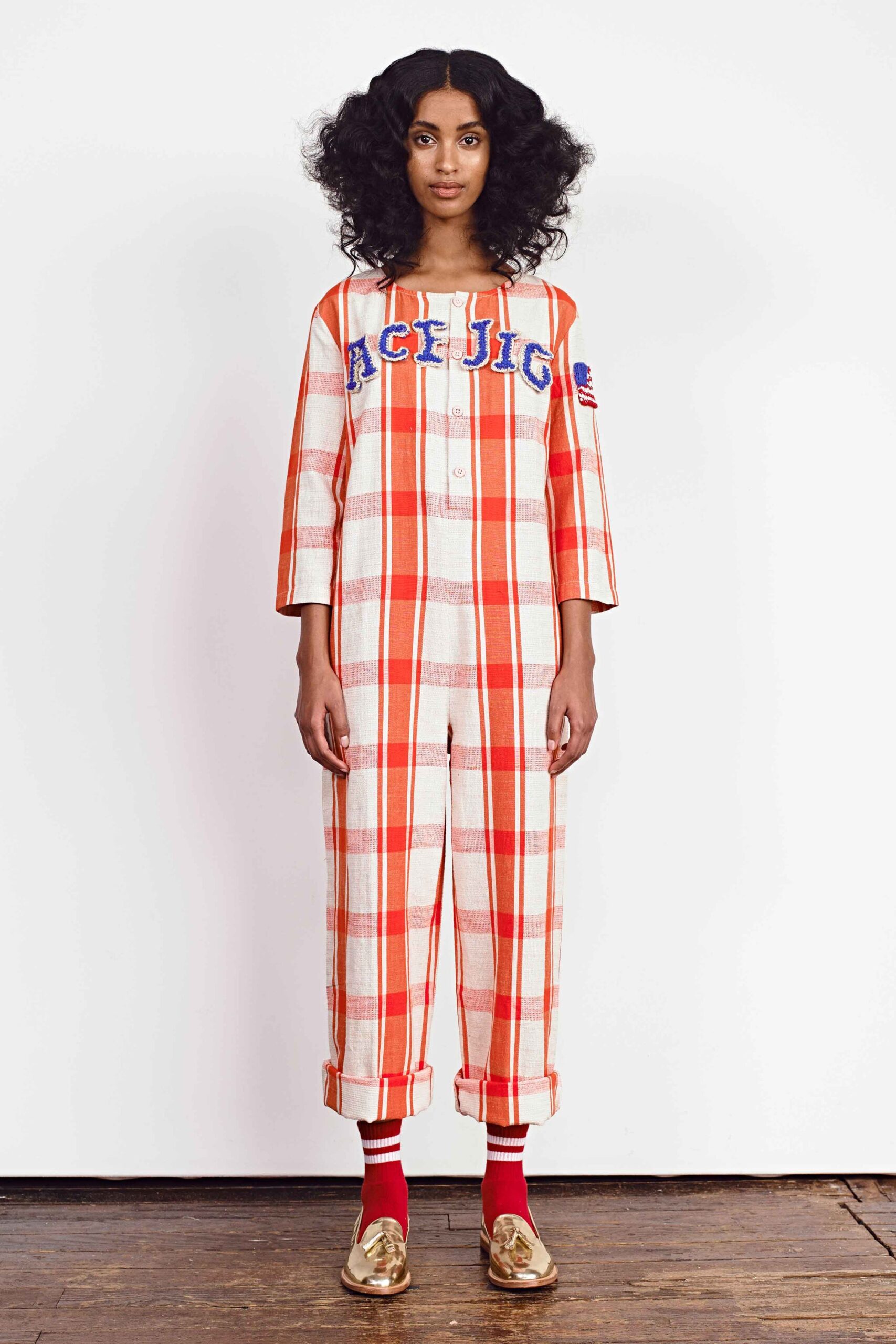 red and white checked jumpsuit