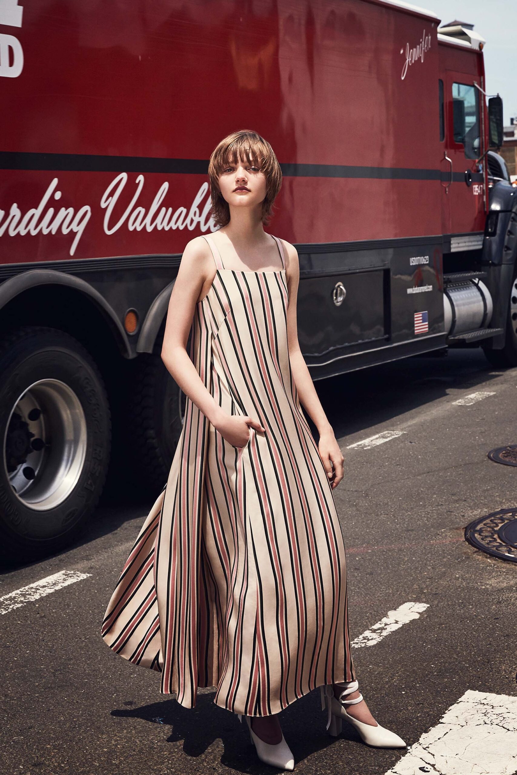 beige striped maxi dress with white shoes