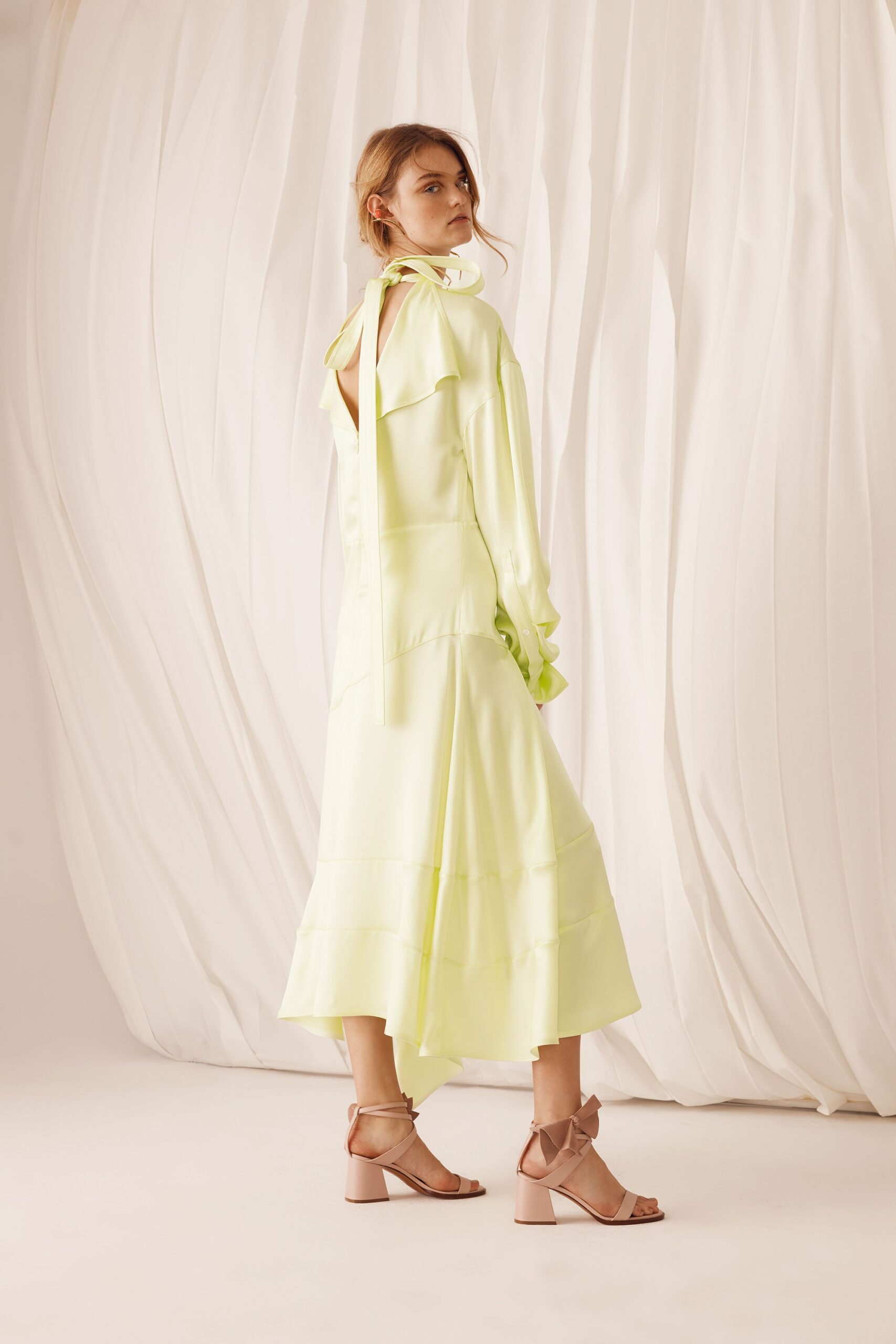 yellow silk long-sleeve dress