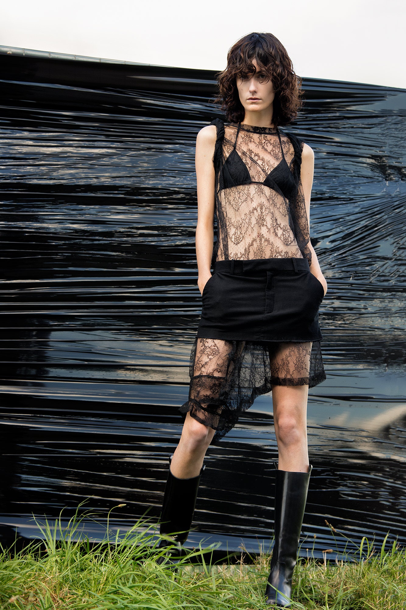 black lace sleeveless v-neck fitted layered sheer dress