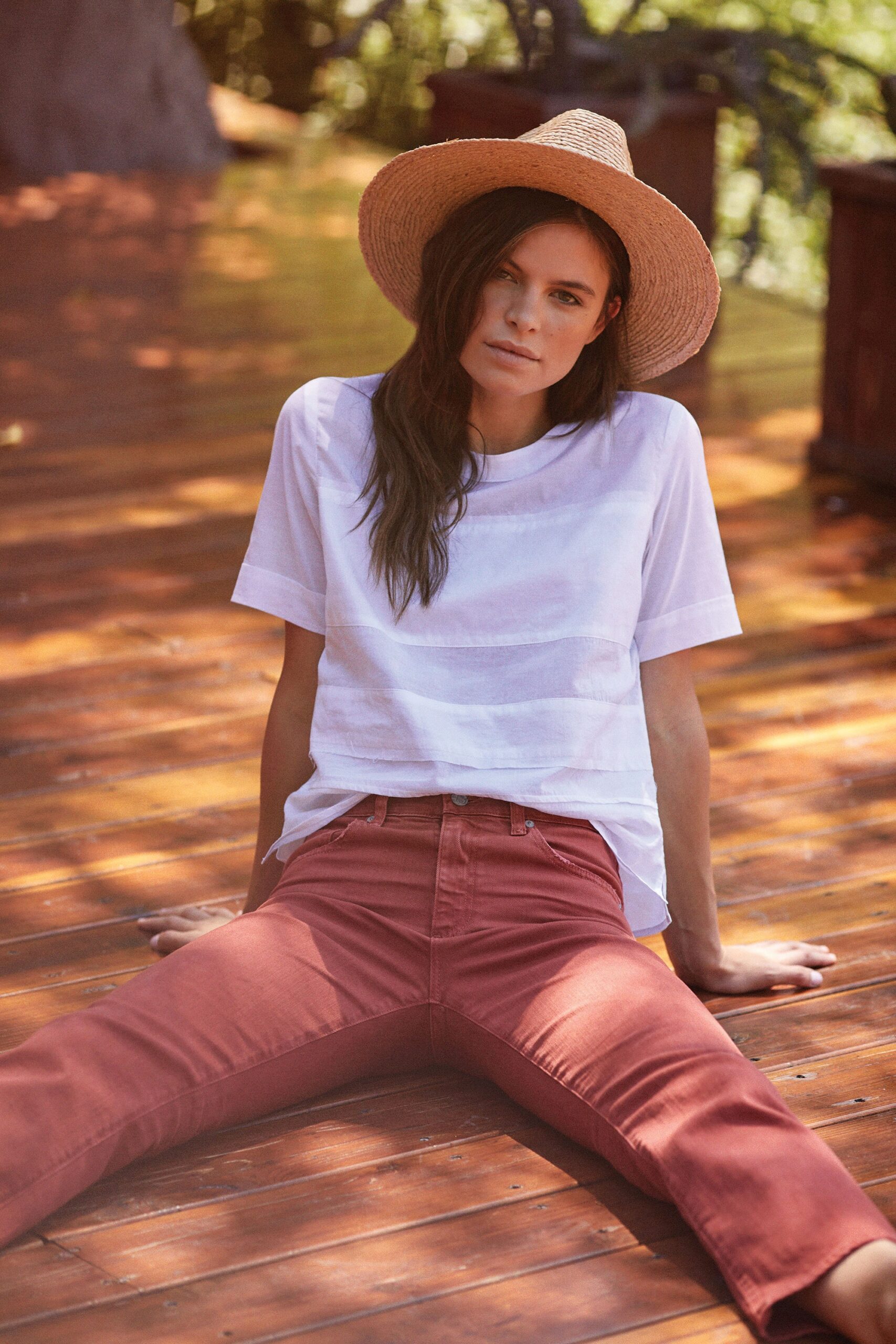 red denim fitted straight-leg pants