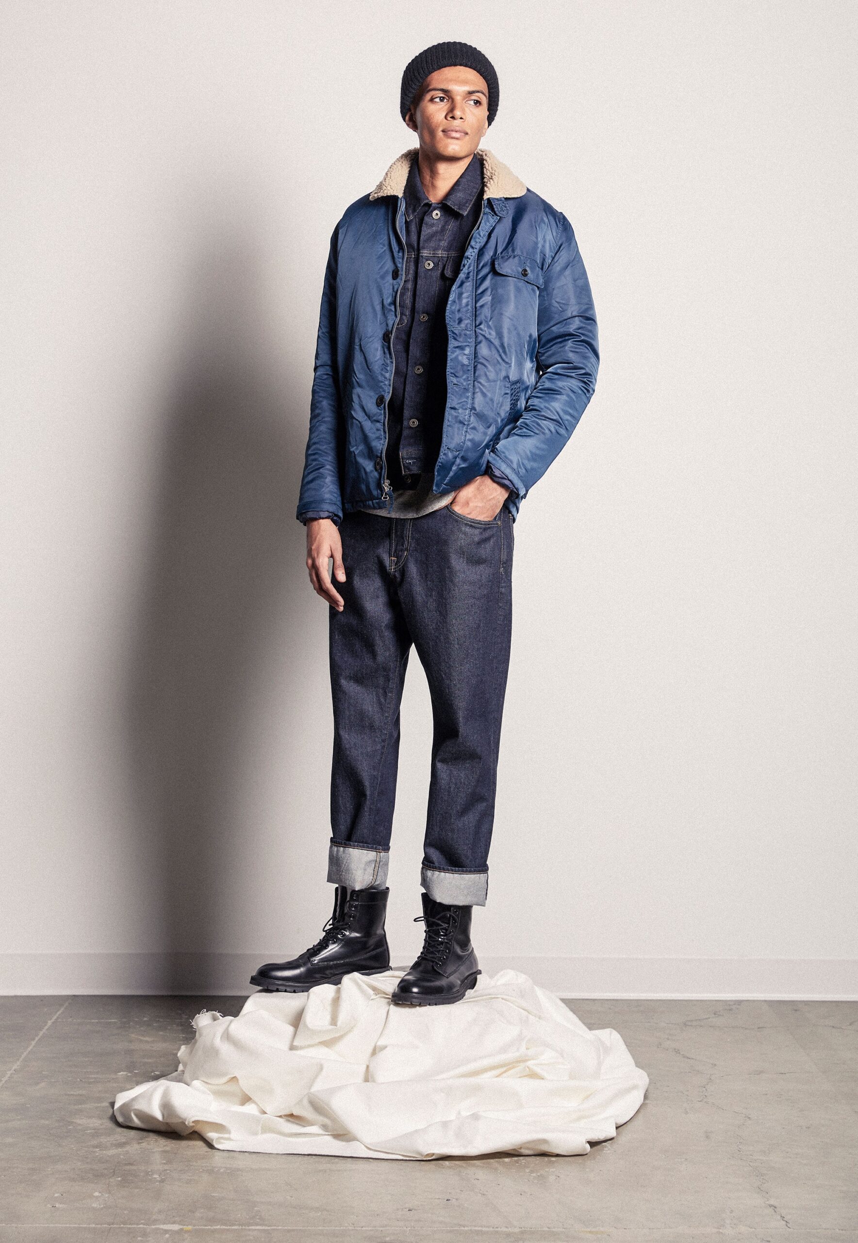 blue relaxed jacket with black shirt