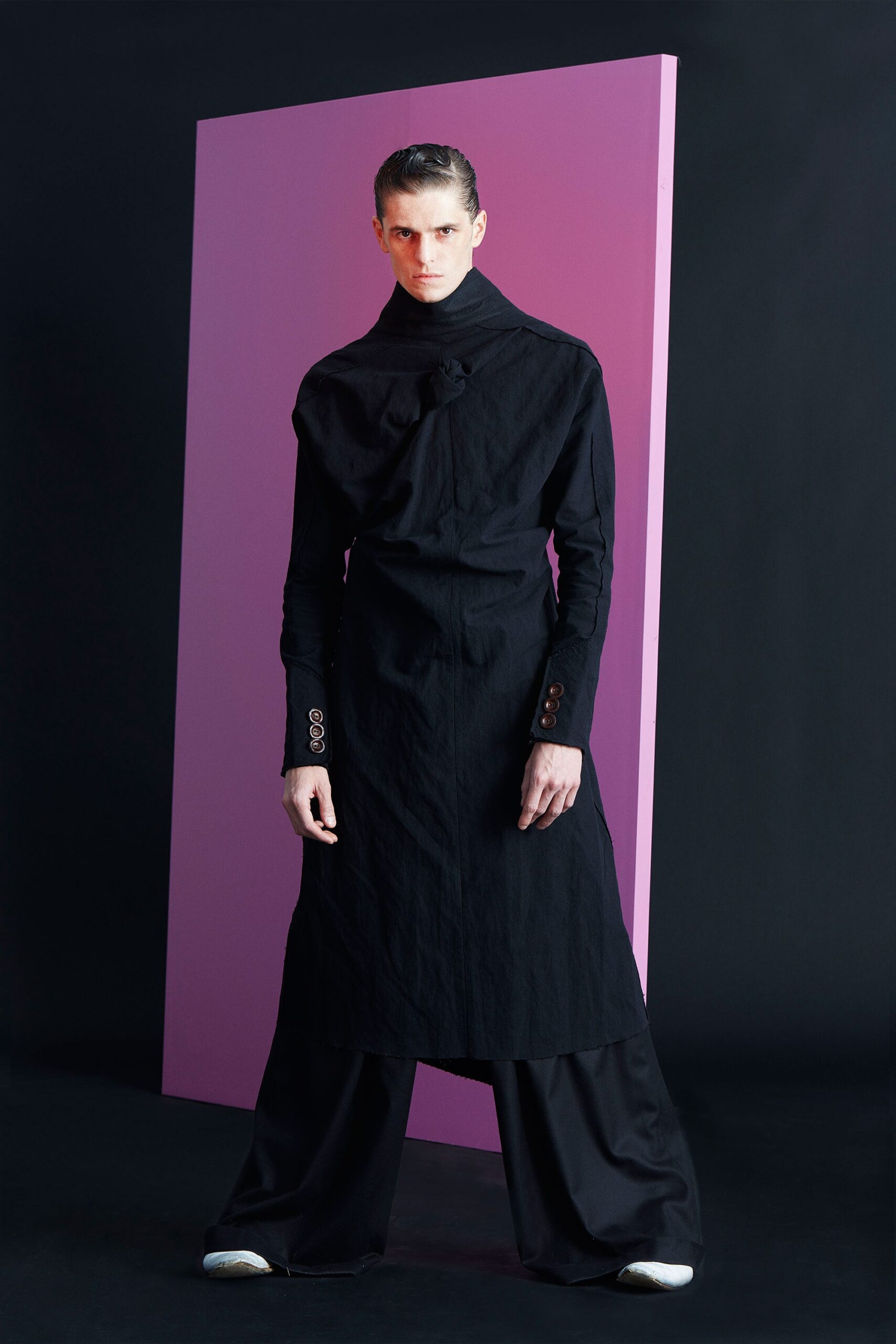 black fitted midi dress with relaxed pants