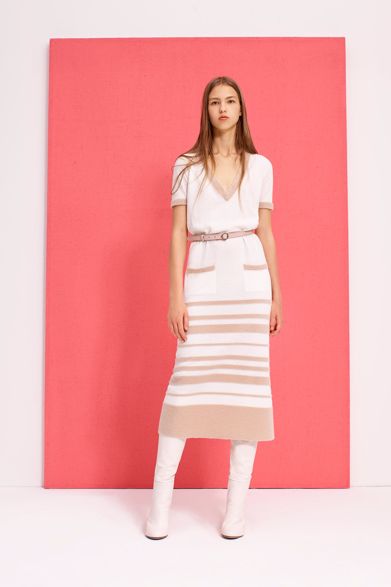 white and beige striped midi dress