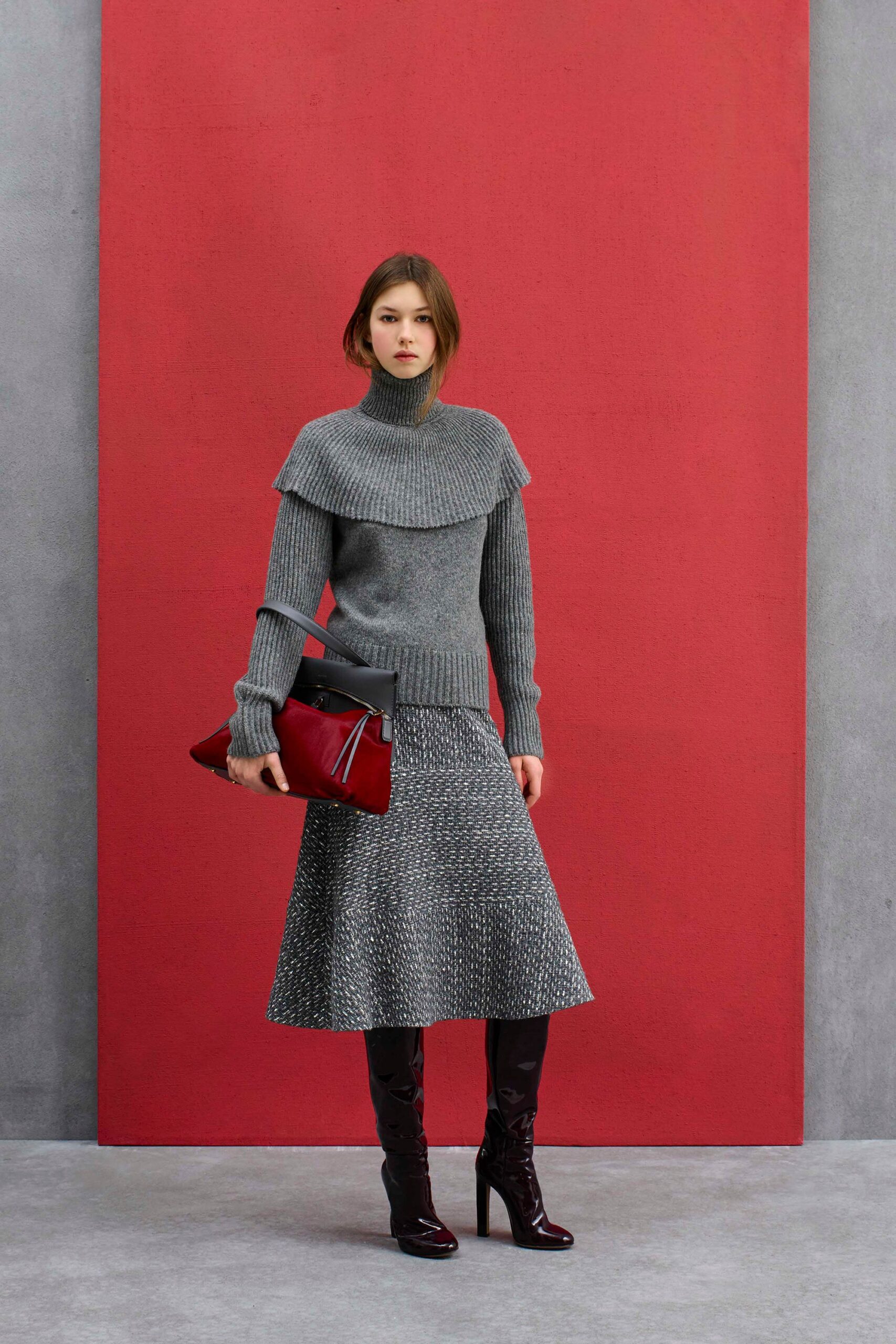 gray wool long-sleeve turtleneck fitted layered top