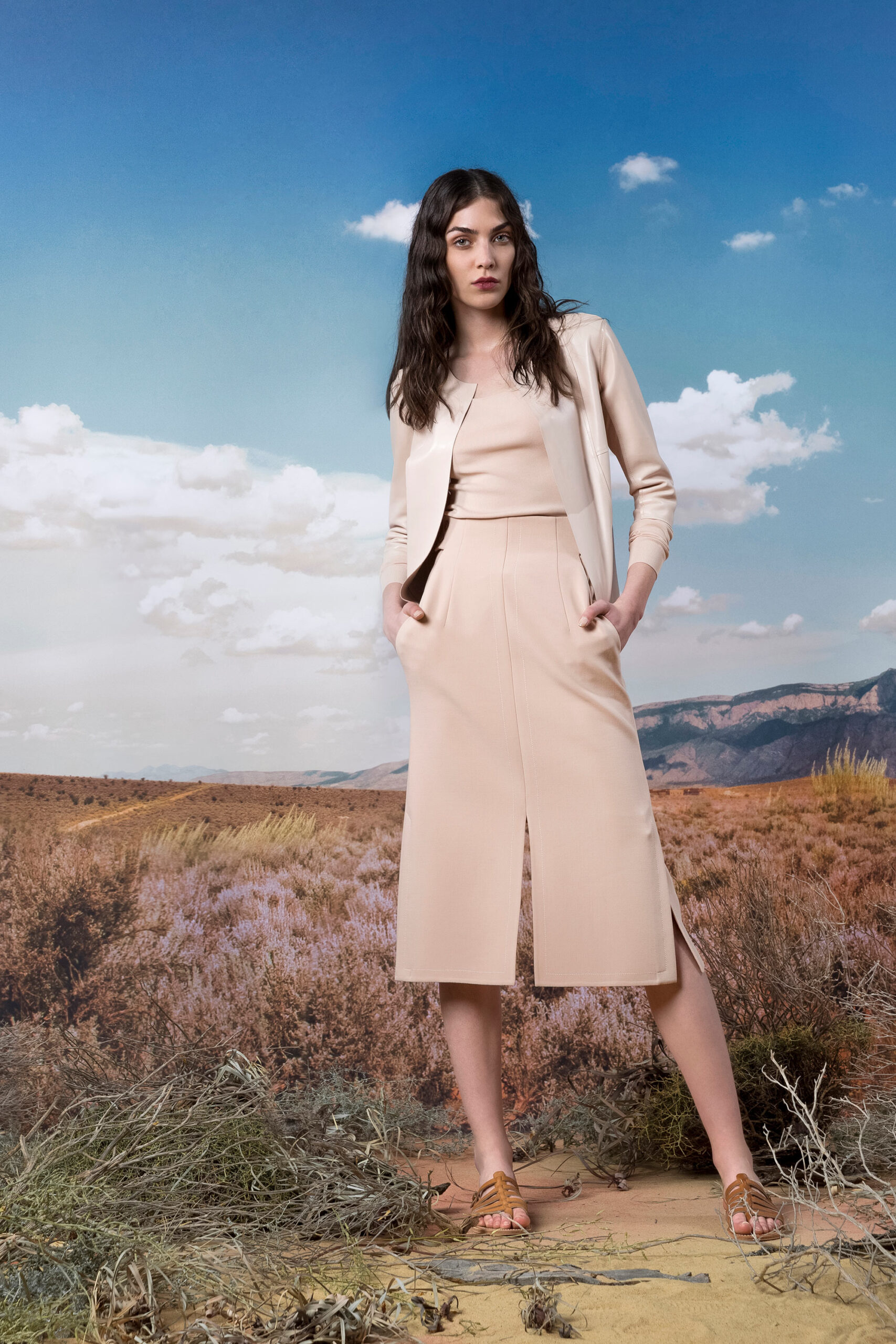 beige fitted top and skirt