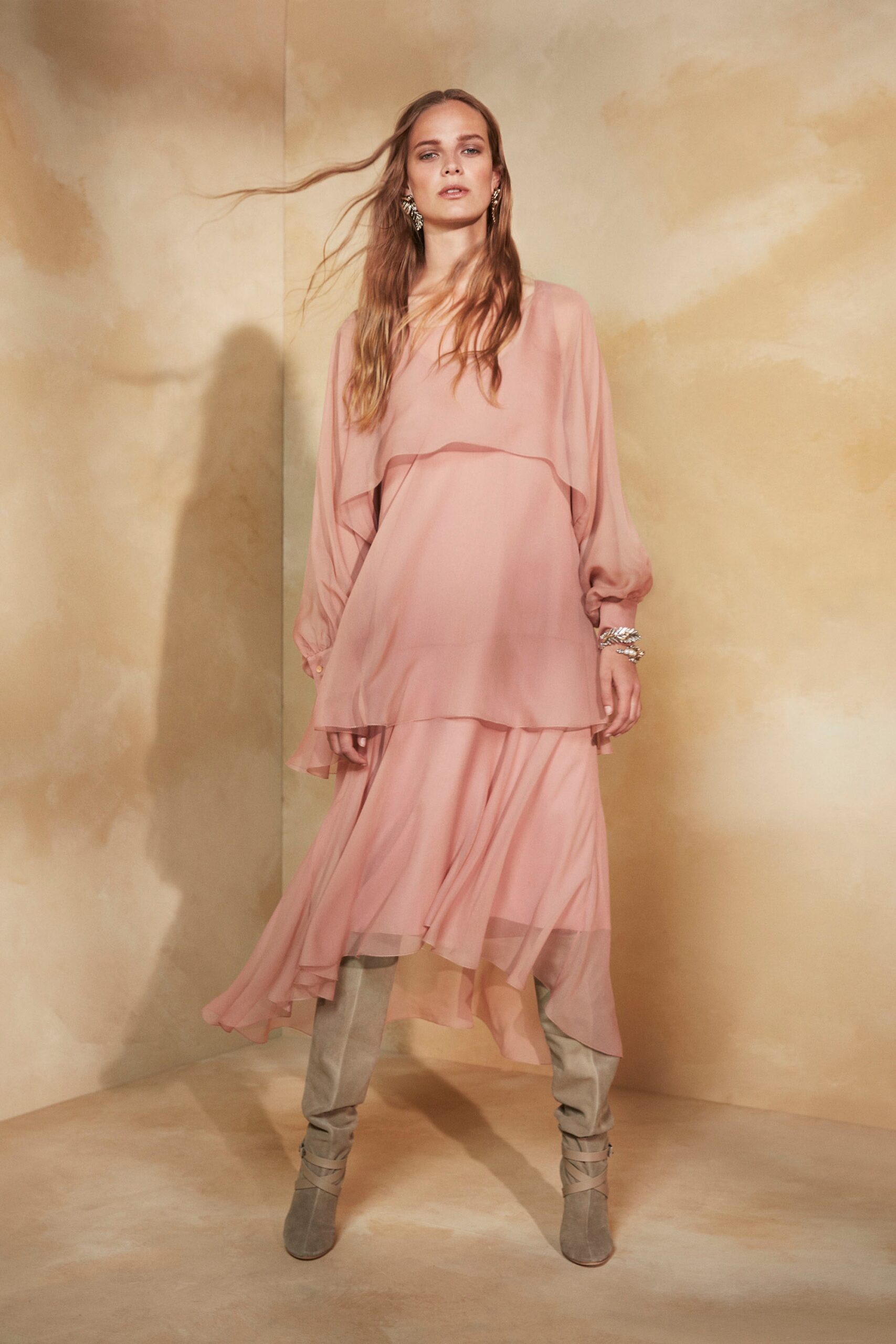 pink chiffon long-sleeve v-neck relaxed layered flowing dress