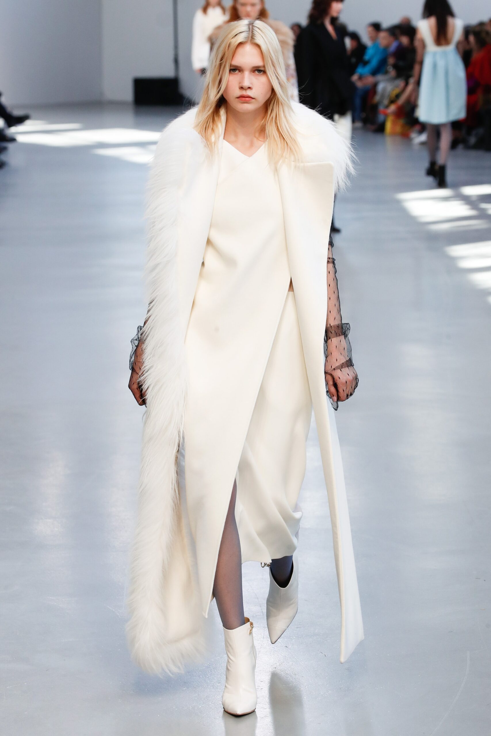 white silk midi dress with faux-fur coat