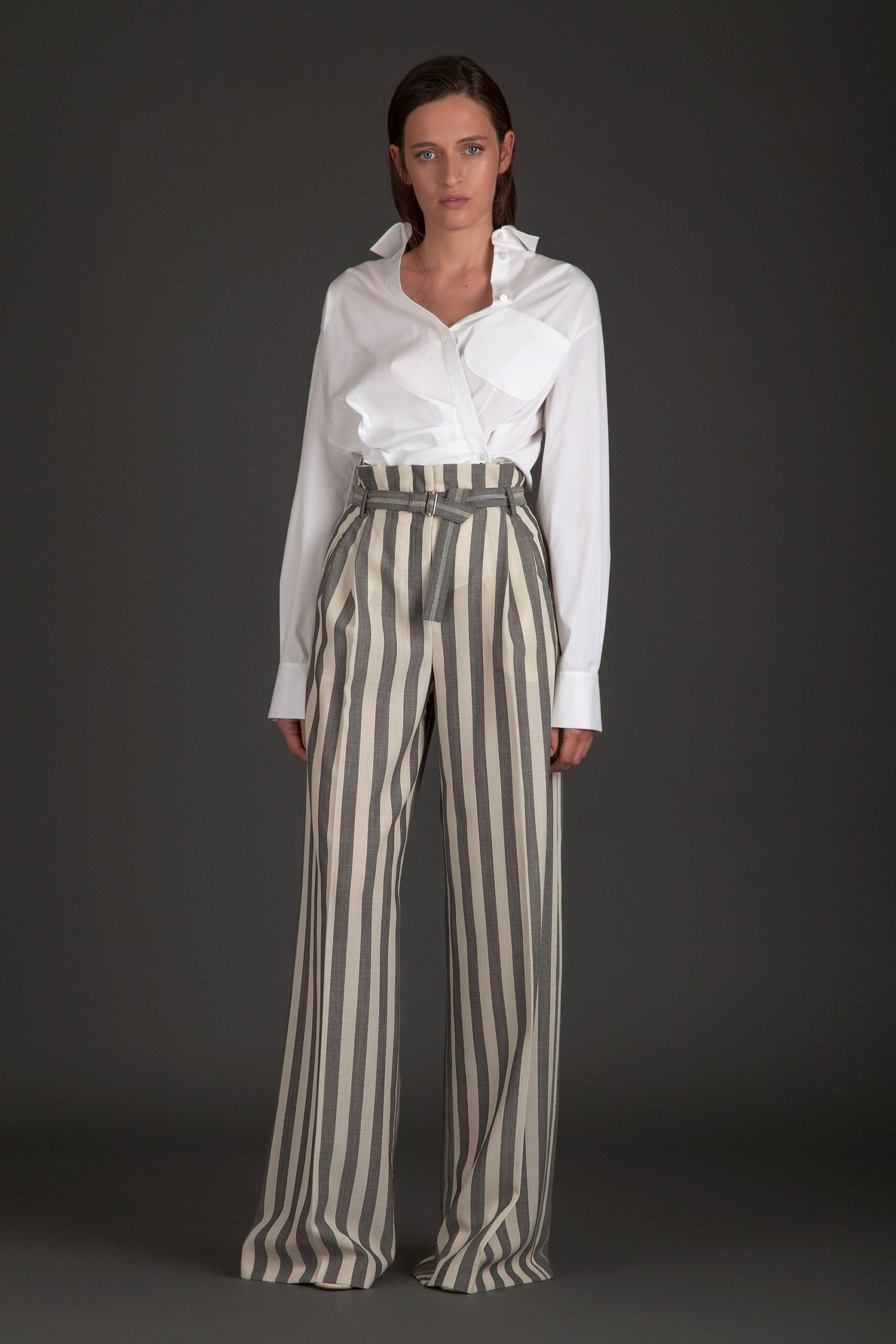 white collared shirt with striped pants