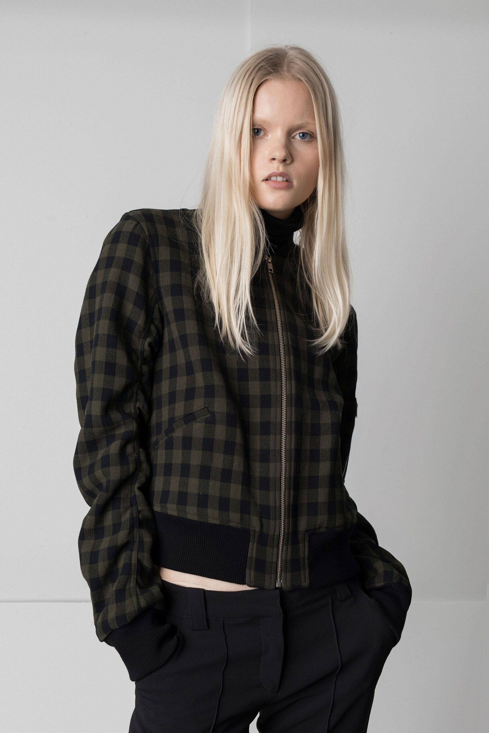 fitted black and green checked jacket with slim pants