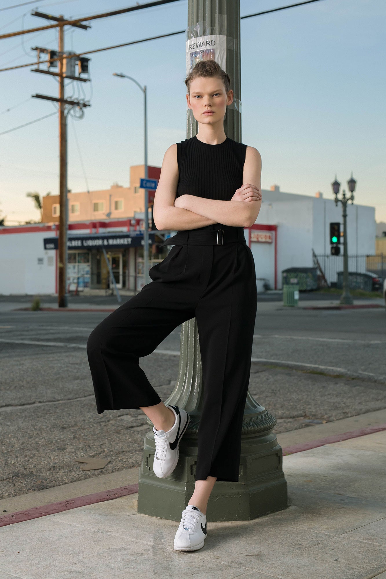 black fitted top with relaxed pants