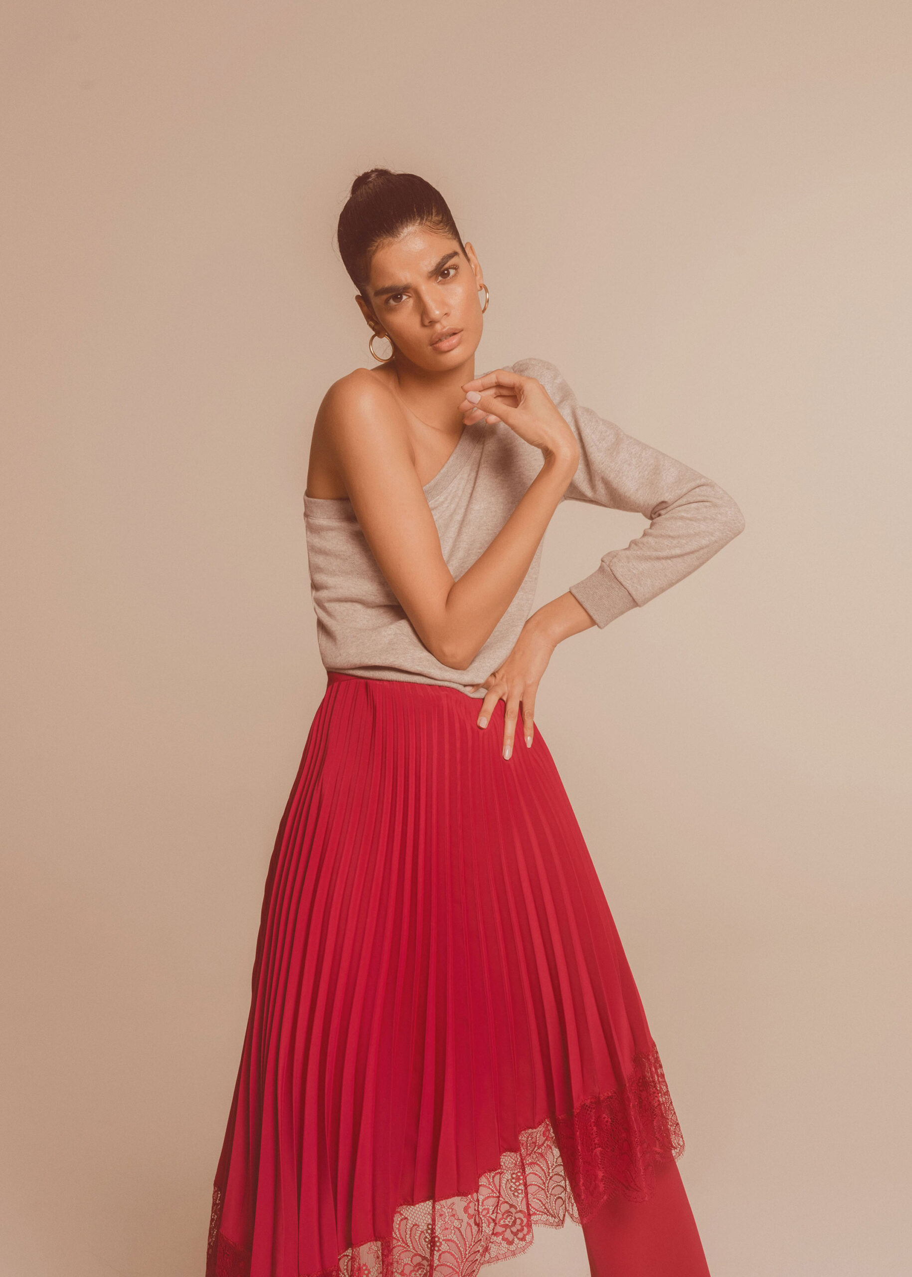 red silk fitted high-waisted pleated midi skirt