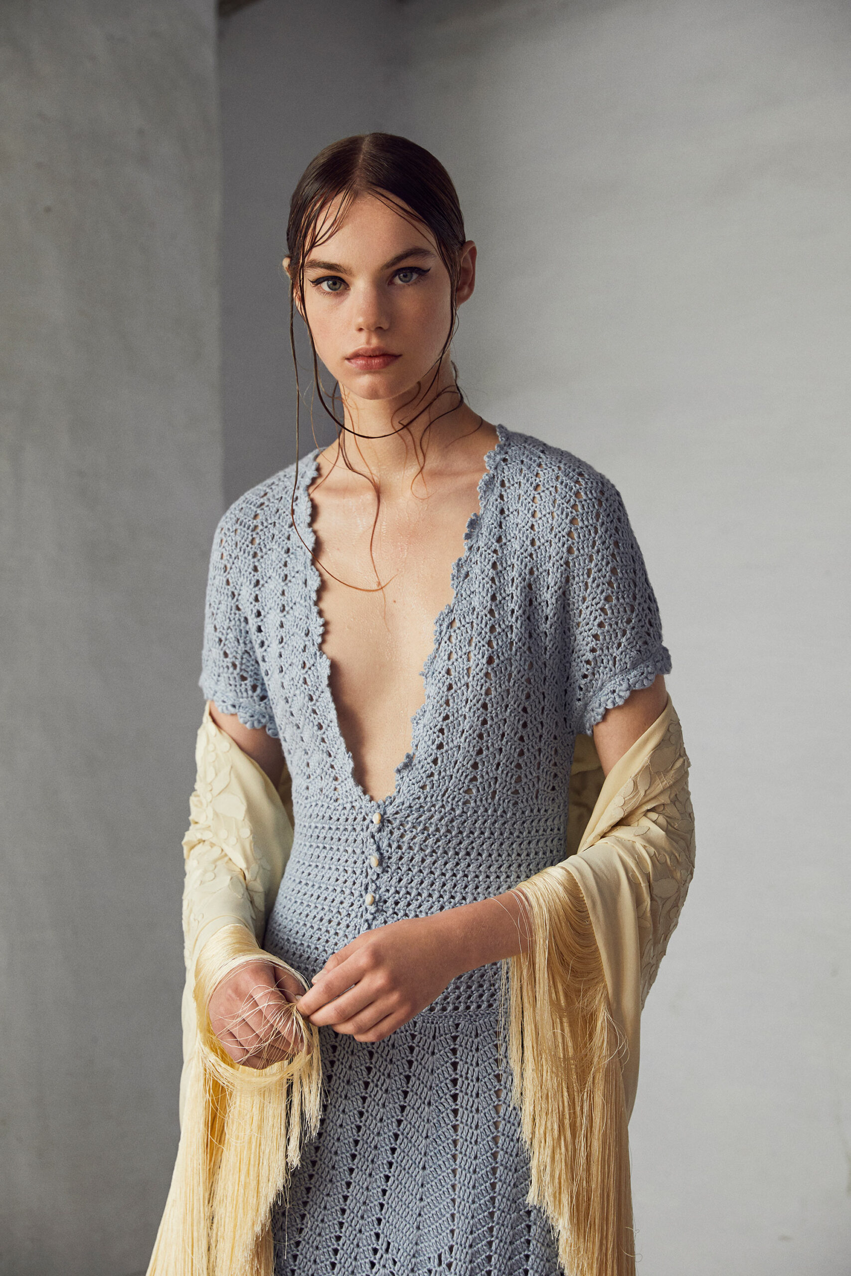 blue crochet midi dress with cream cape