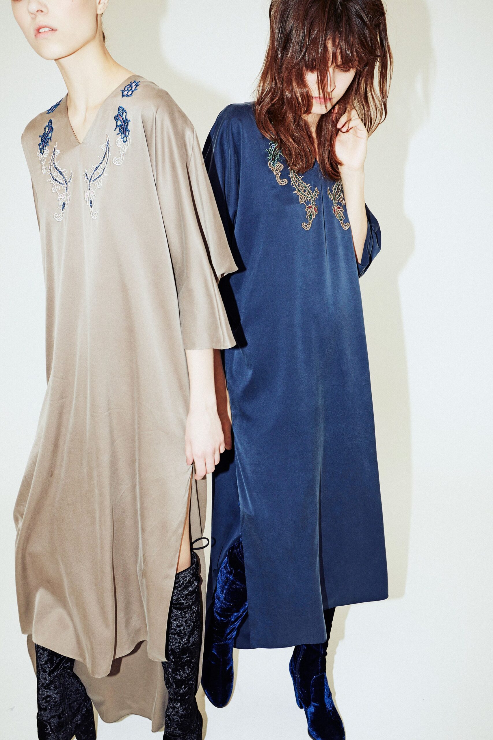 beige and blue embroidered midi dresses