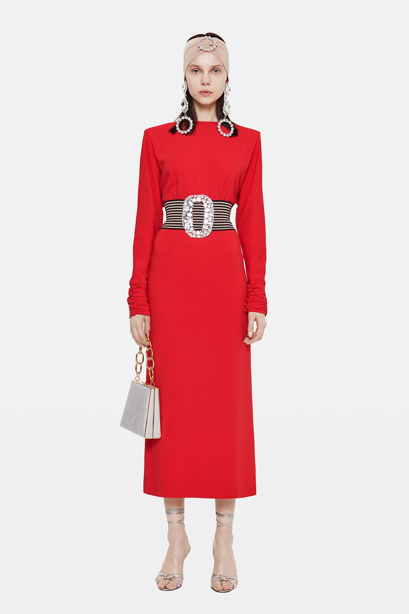 red cotton long-sleeve high-neck fitted straight-leg belted dress
