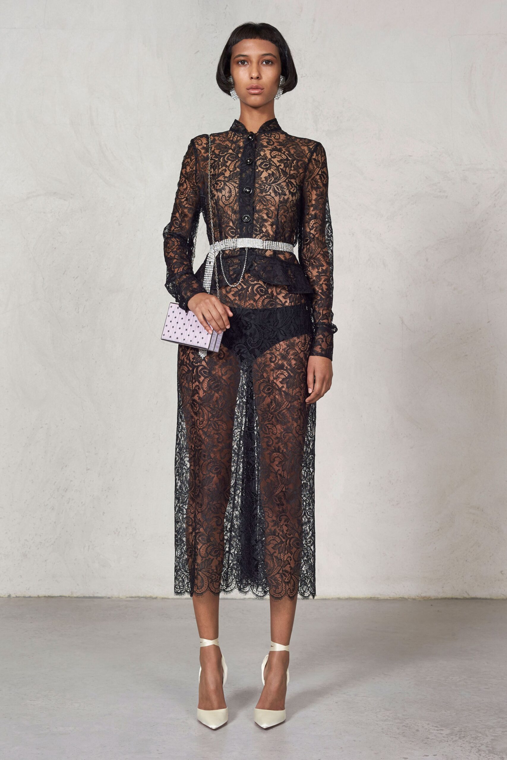 black lace long-sleeve collared fitted layered dress